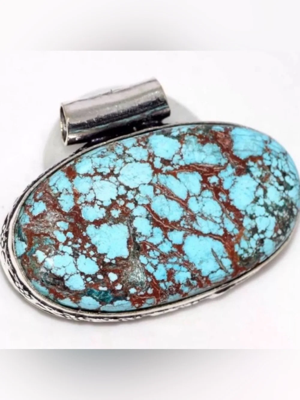 Turquoise & Veining Matrix, Ornate Cut Out Bale & Bezzled SilverOverlay